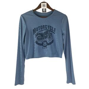 DAZY Blue Ripped Cropped Long Sleeve Motorcycle Print Shirt // XL